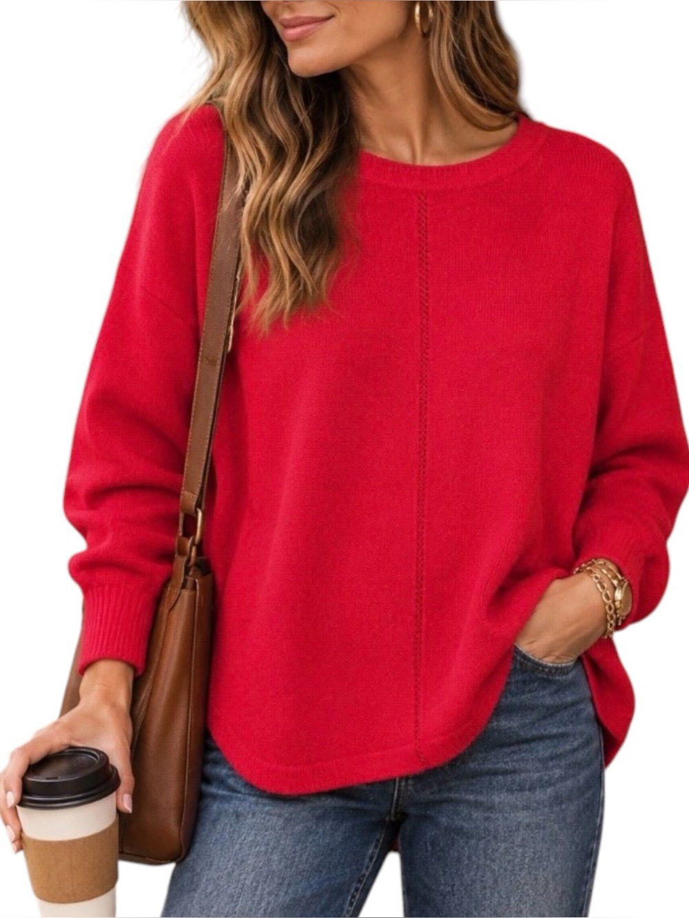 Max Studio Sz LARGE Vibrant Red Crewneck Pointelle Seam Rounded Hem Knit Sweater